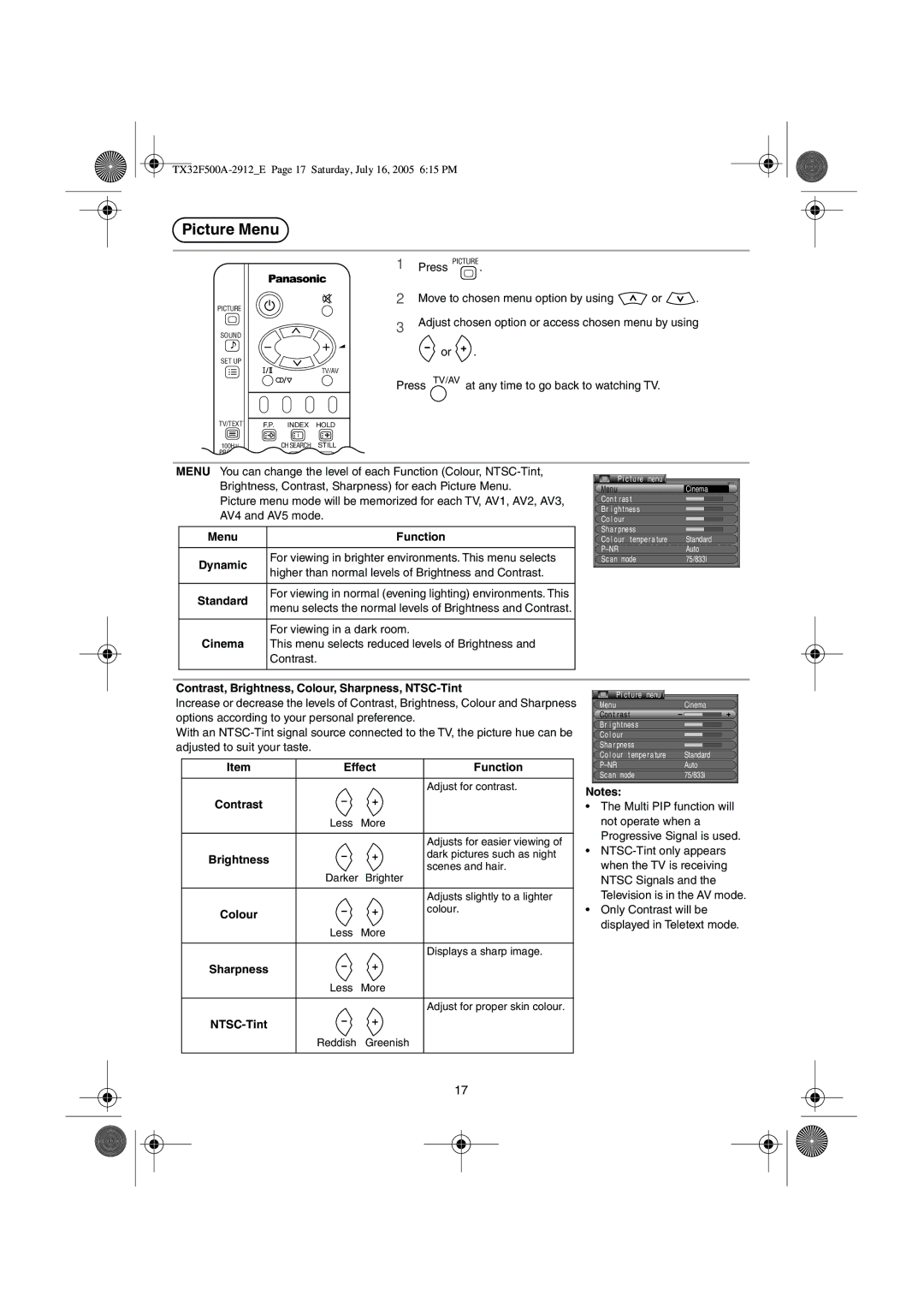 Panasonic TX-32F500A operating instructions Picture Menu 