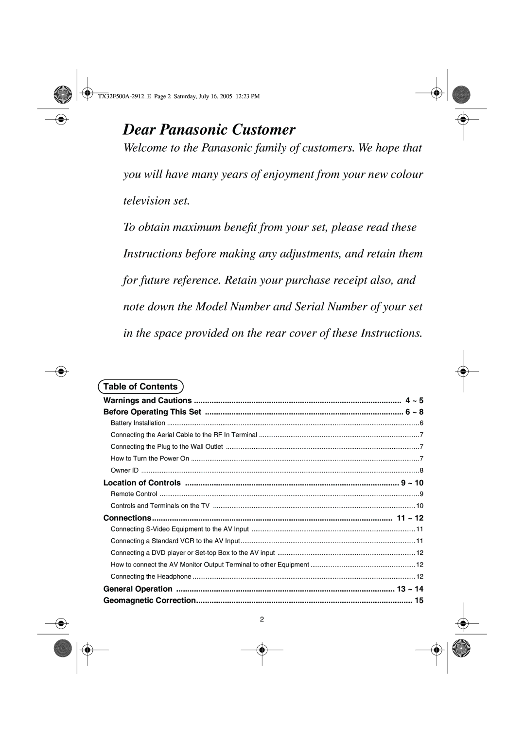 Panasonic TX-32F500A operating instructions Dear Panasonic Customer, Table of Contents 