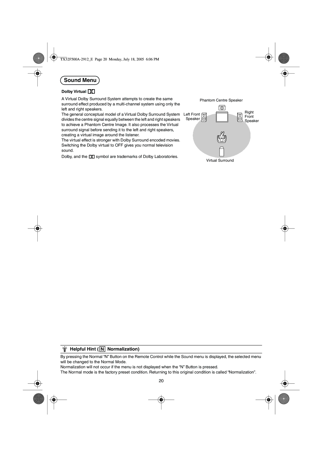 Panasonic TX-32F500A operating instructions Dolby Virtual 