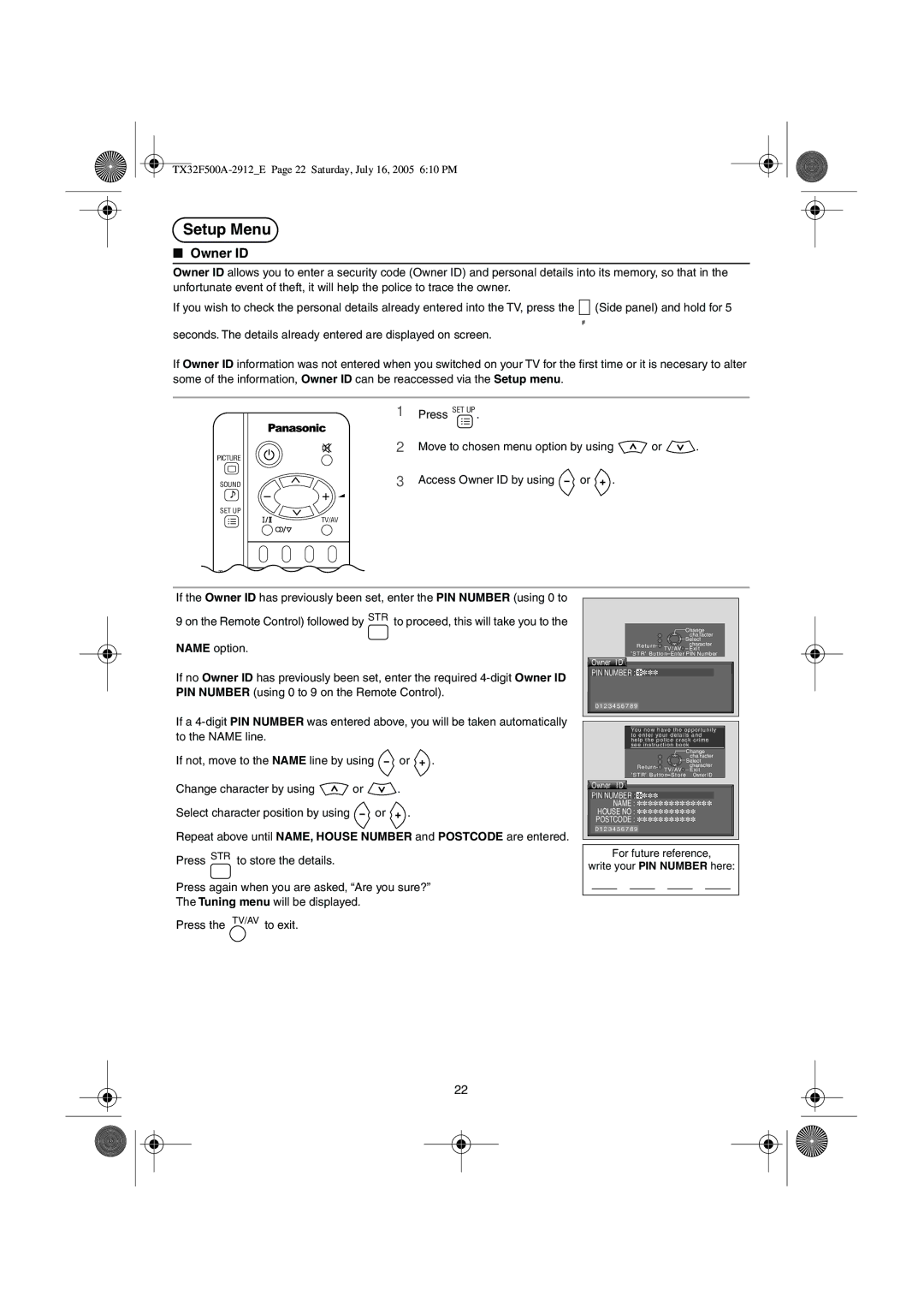 Panasonic TX-32F500A operating instructions For future reference Write your PIN Number here 