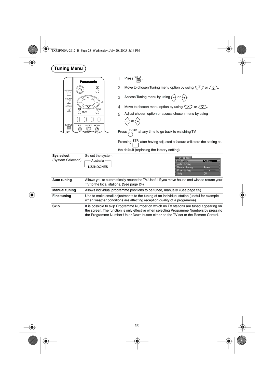 Panasonic TX-32F500A operating instructions Tuning Menu 