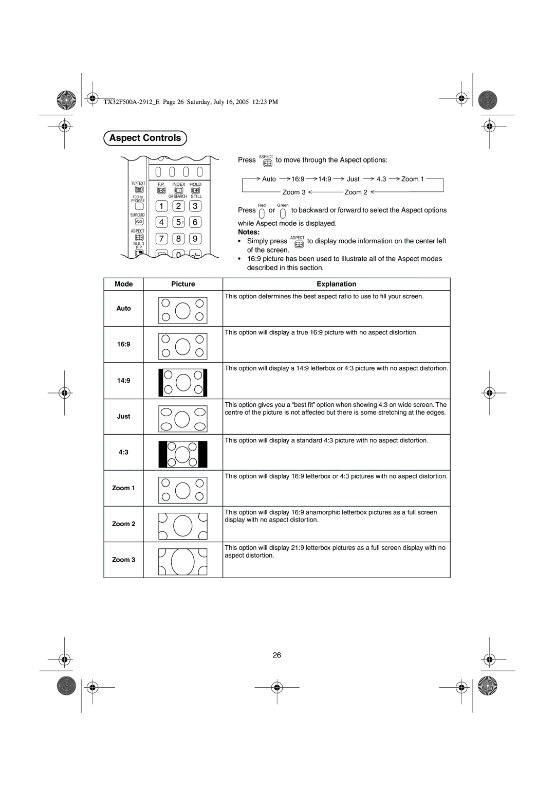 Panasonic TX-32F500A operating instructions Aspect Controls, Mode Picture 