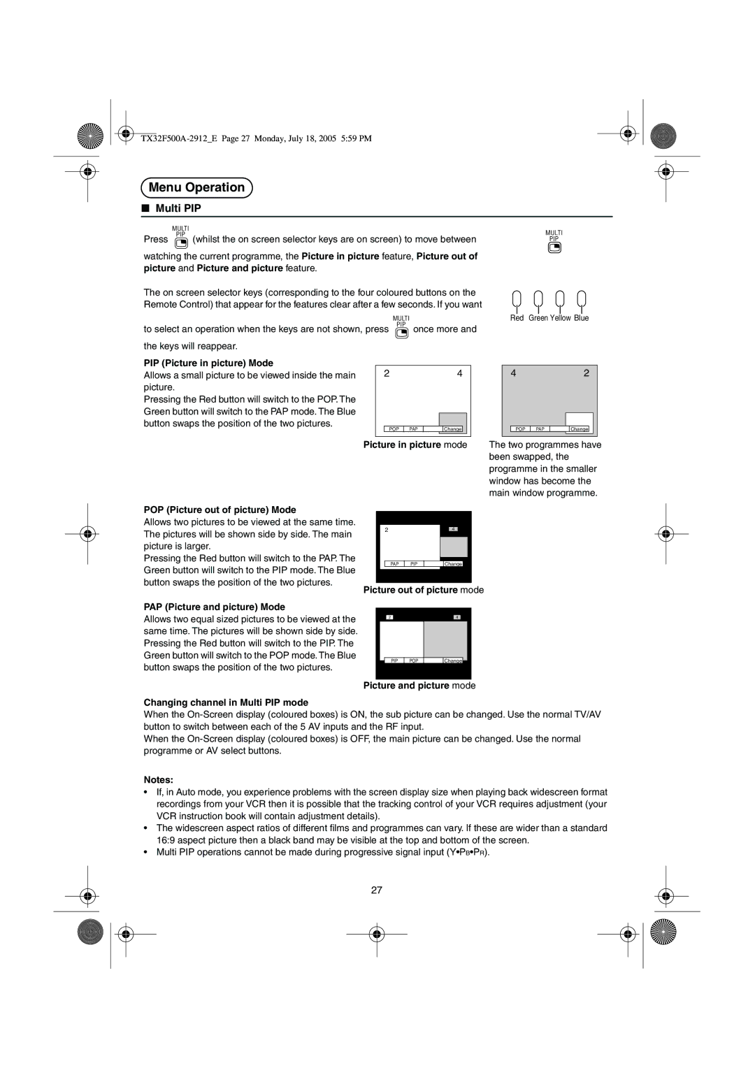 Panasonic TX-32F500A operating instructions Menu Operation, Multi PIP 