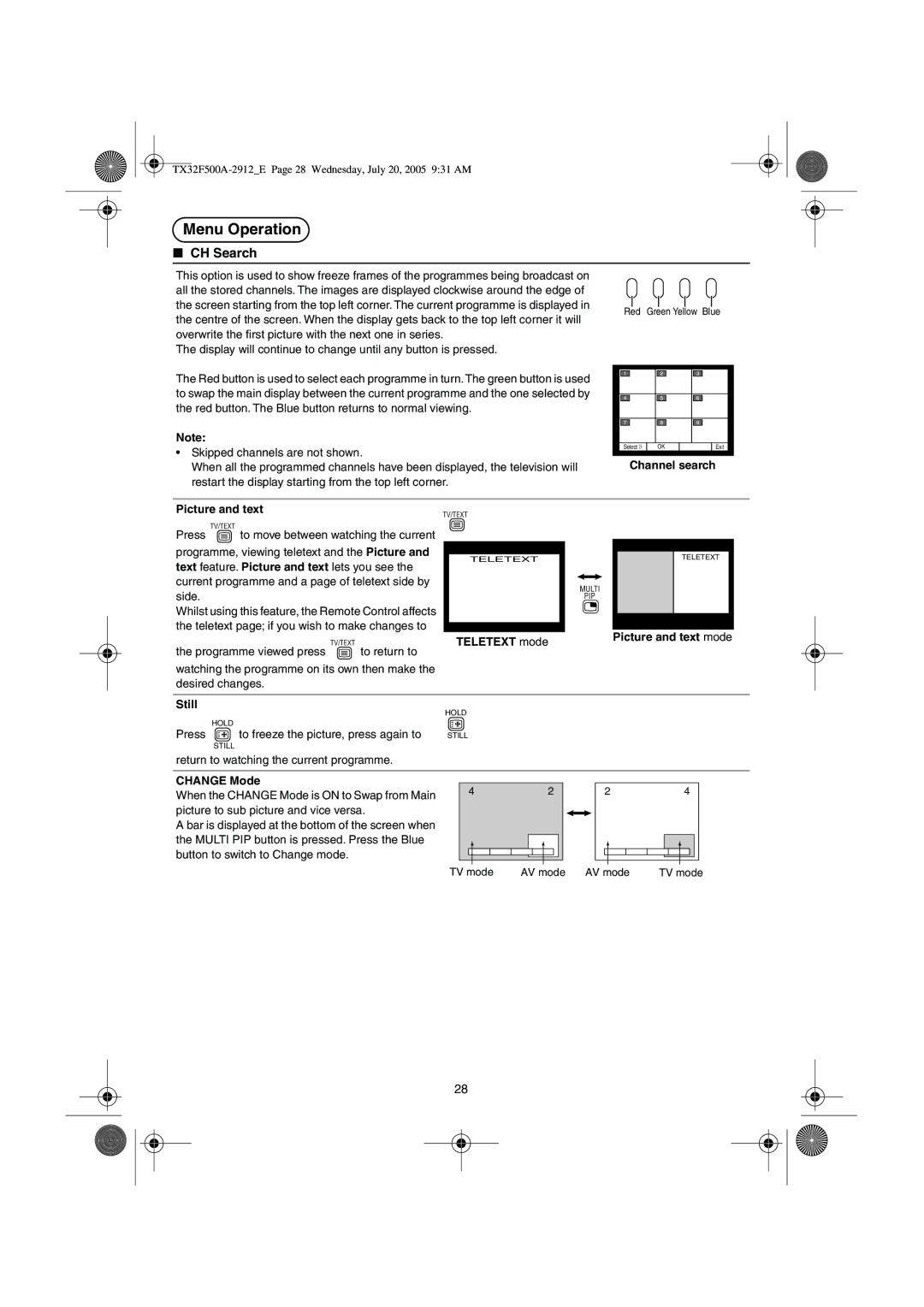 Panasonic TX-32F500A CH Search, Channel search Picture and text, Teletext mode, Picture and text mode Still, Change Mode 