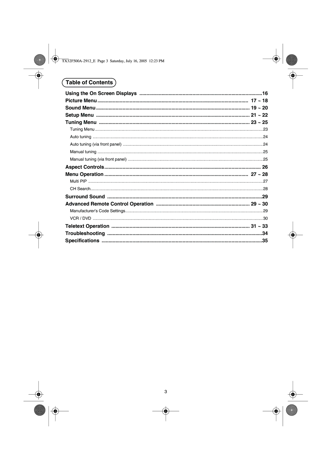 Panasonic TX-32F500A operating instructions 17 ~, 19 ~, 21 ~, 23 ~, 27 ~, 29 ~, 31 ~ 