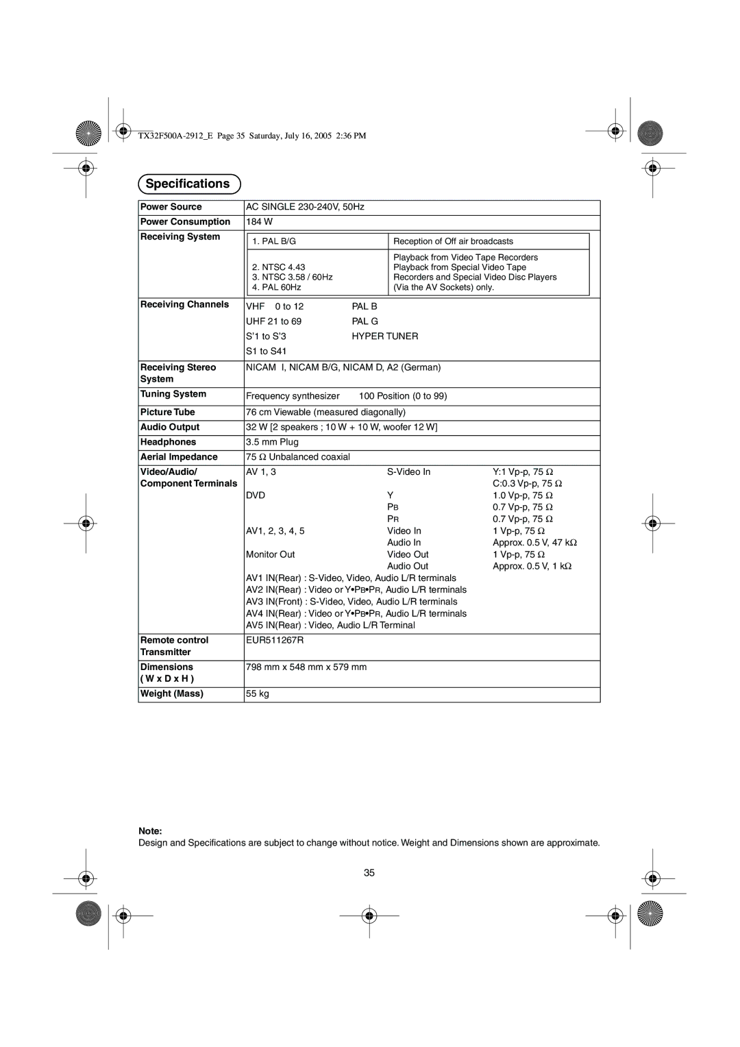 Panasonic TX-32F500A operating instructions Specifications 