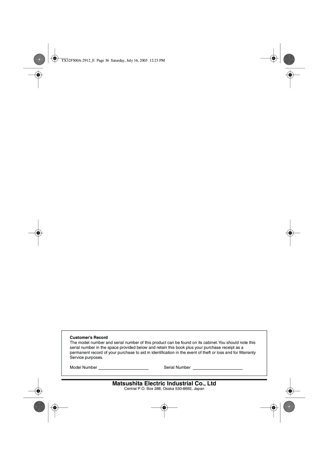 Panasonic TX-32F500A operating instructions Customer’s Record 