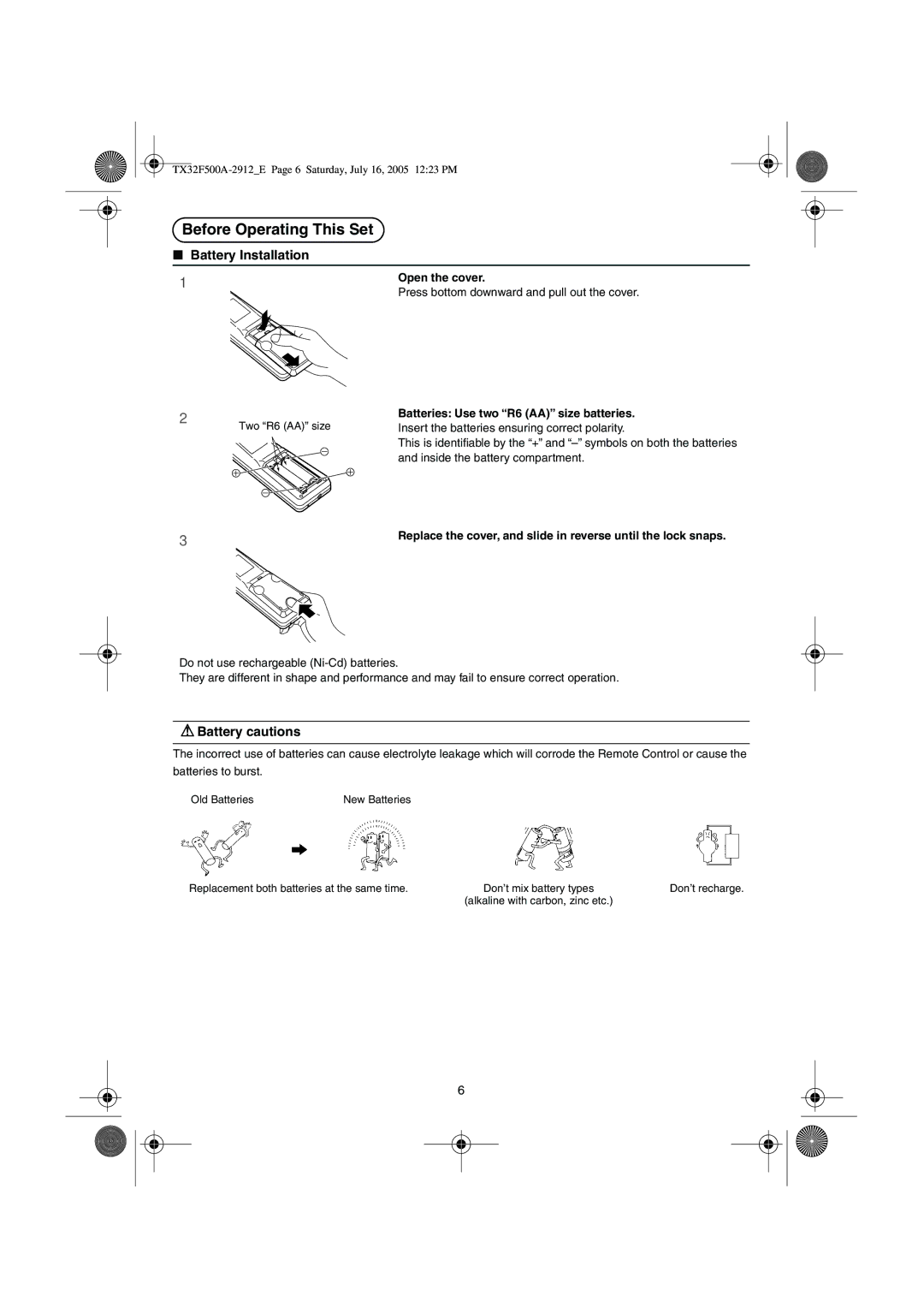 Panasonic TX-32F500A operating instructions Before Operating This Set, Battery Installation, Battery cautions 