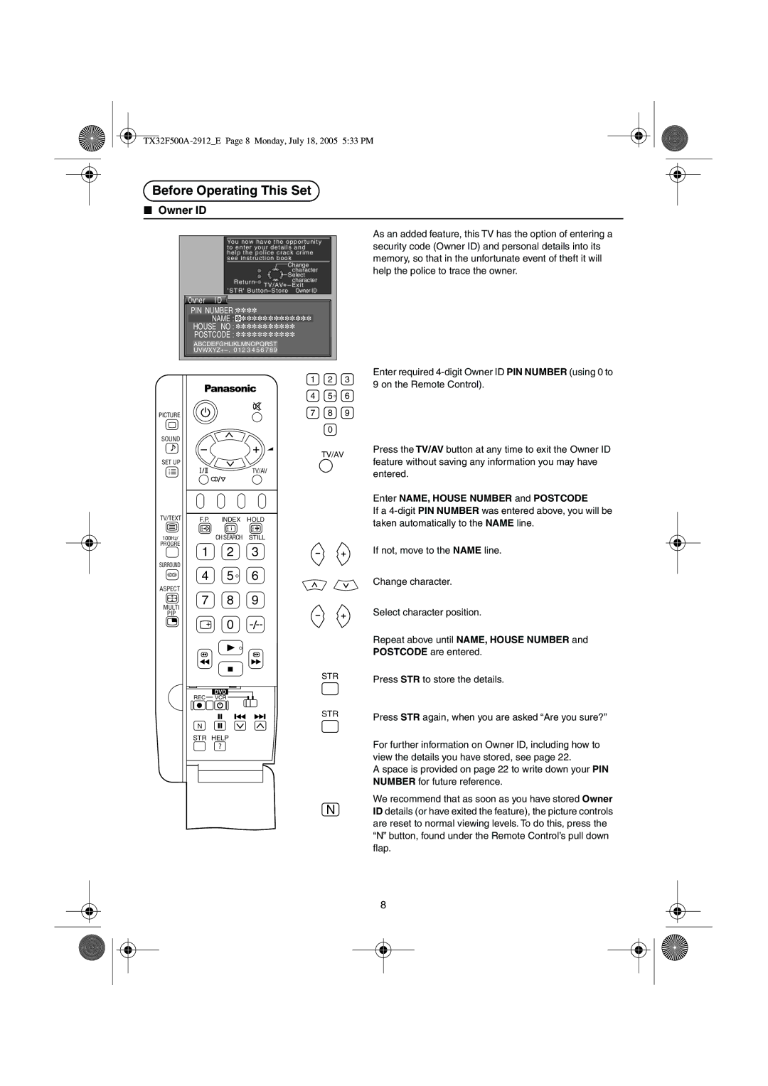 Panasonic TX-32F500A operating instructions Owner ID, Enter NAME, House Number and Postcode 