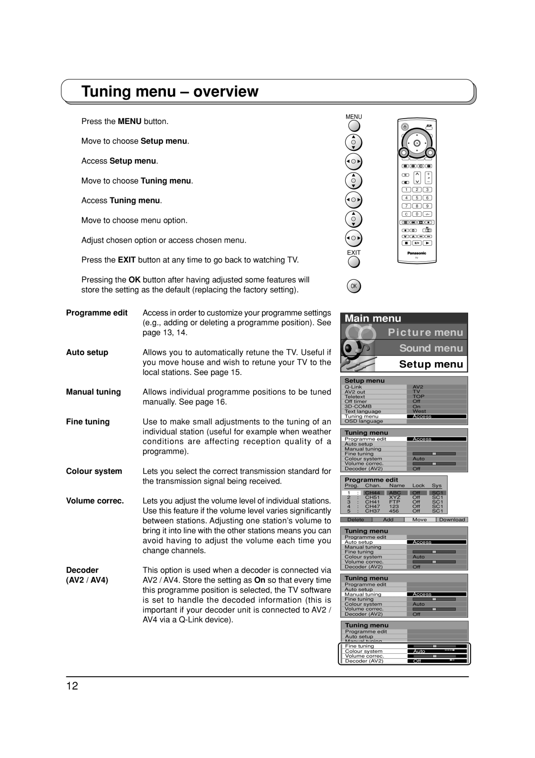 Panasonic TX-32LX1P, TX-32LX1F, TX-26LX1P, TX-26LX1F manual Tuning menu overview 