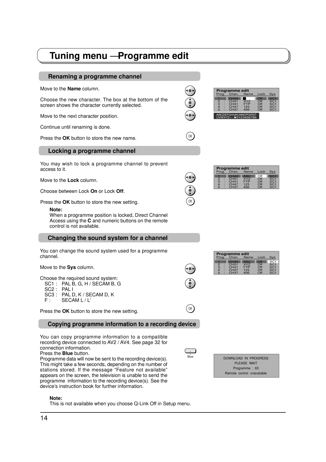 Panasonic TX-26LX1P Renaming a programme channel, Locking a programme channel, Changing the sound system for a channel 