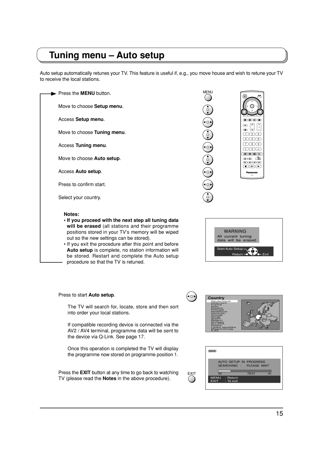 Panasonic TX-26LX1F, TX-32LX1P, TX-32LX1F, TX-26LX1P manual Tuning menu Auto setup, Access Auto setup 