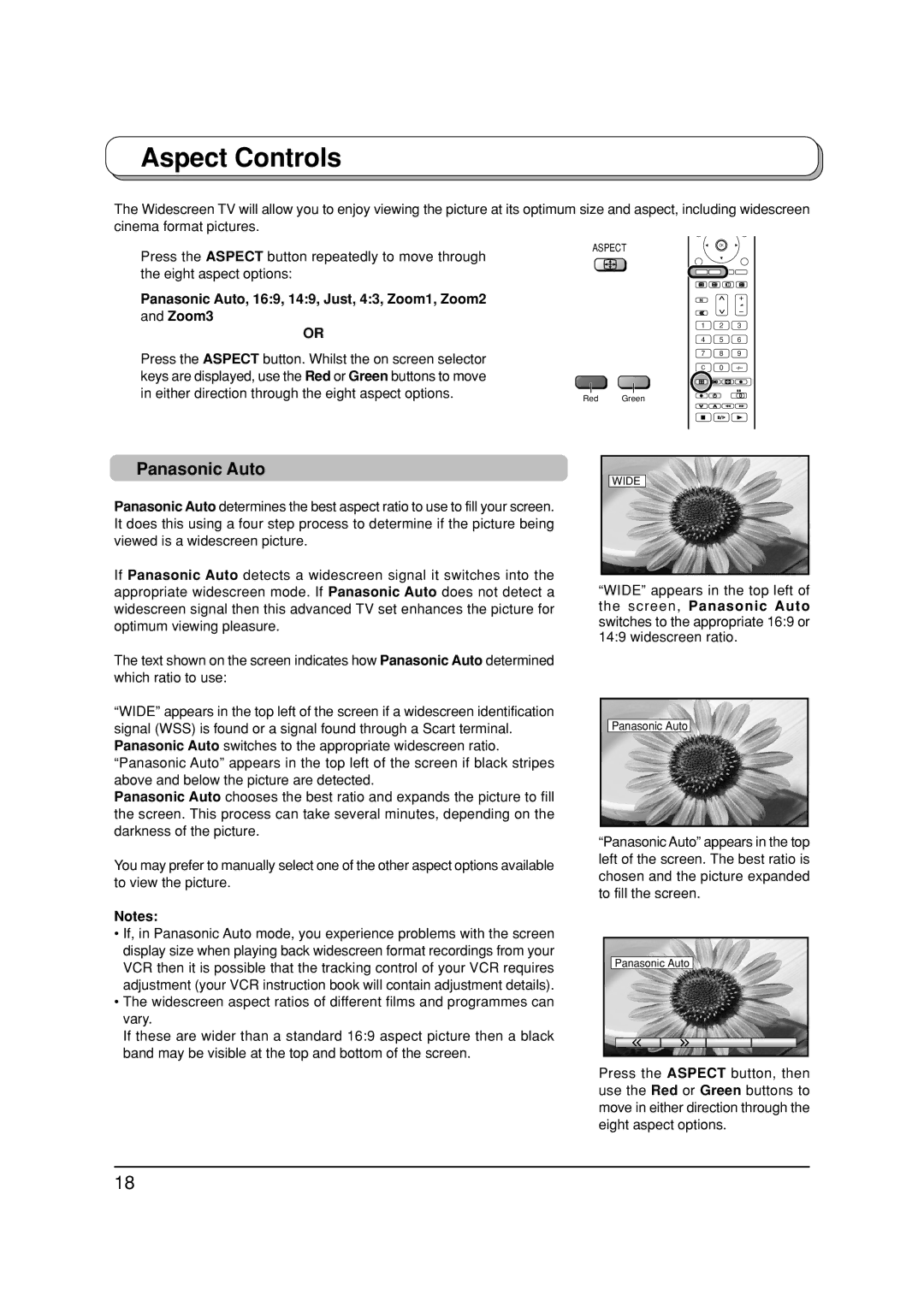 Panasonic TX-26LX1P, TX-32LX1P, TX-32LX1F manual Aspect Controls, Panasonic Auto, 169, 149, Just, 43, Zoom1, Zoom2 Zoom3 