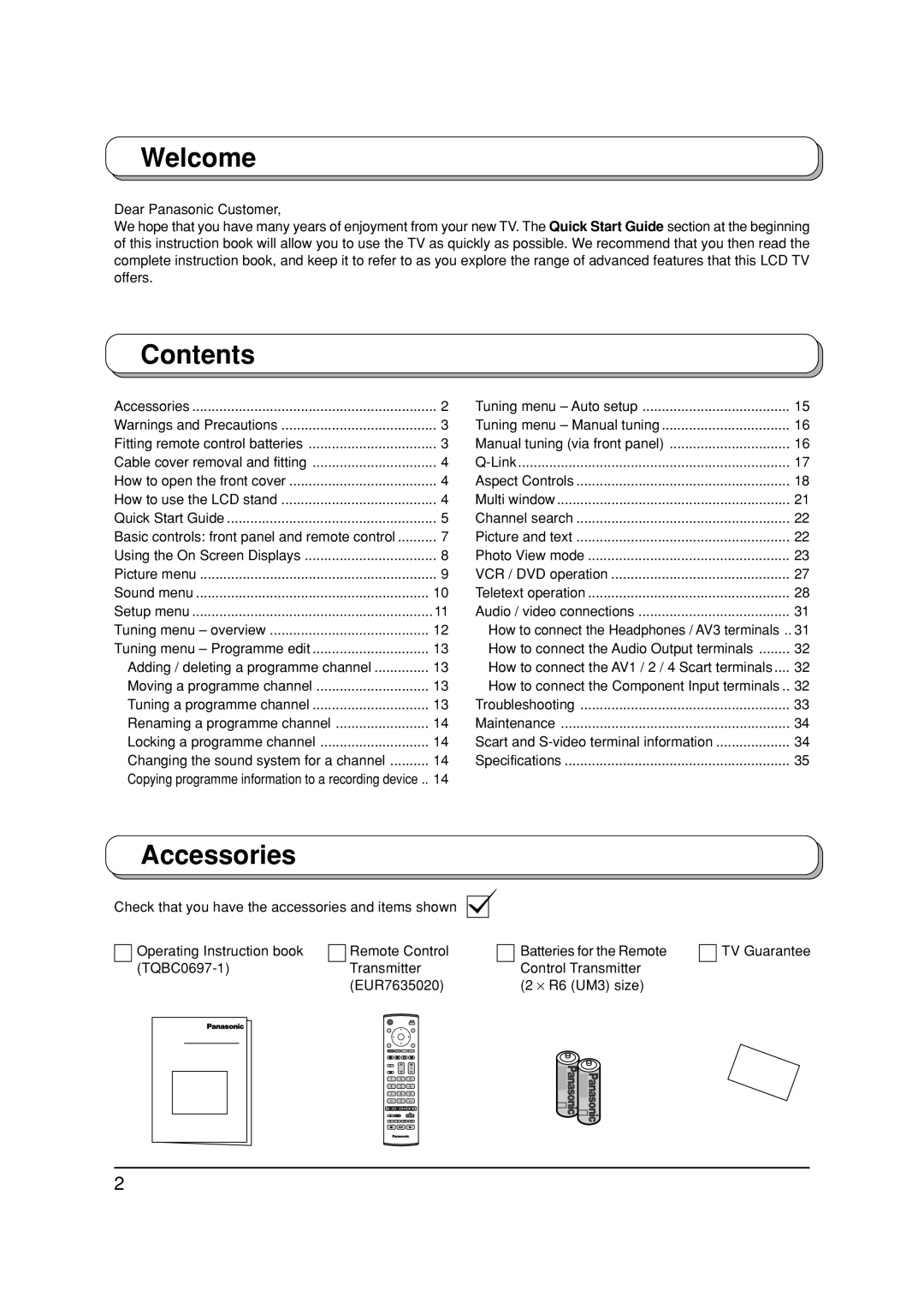 Panasonic TX-26LX1P, TX-32LX1P, TX-32LX1F, TX-26LX1F manual Welcome, Contents, Accessories 