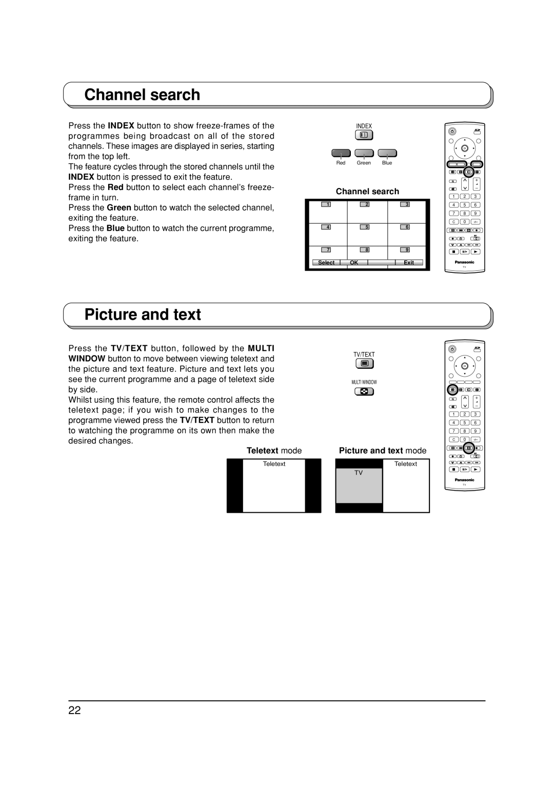 Panasonic TX-26LX1P, TX-32LX1P, TX-32LX1F, TX-26LX1F manual Channel search, Teletext mode, Picture and text mode 