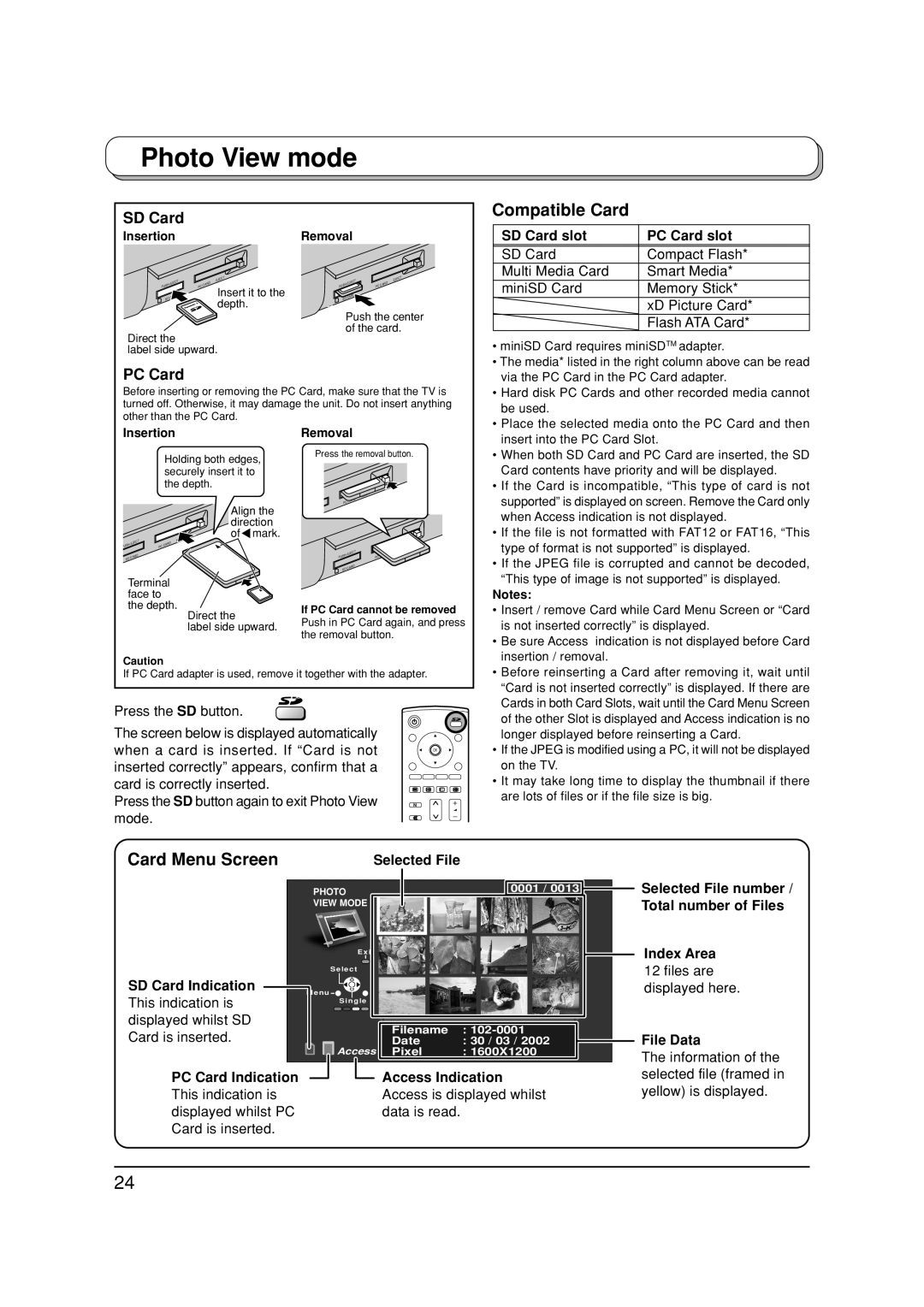 Panasonic TX-32LX1P, TX-32LX1F, TX-26LX1P manual Compatible Card, Card Menu Screen, SD Card slot PC Card slot, Selected File 