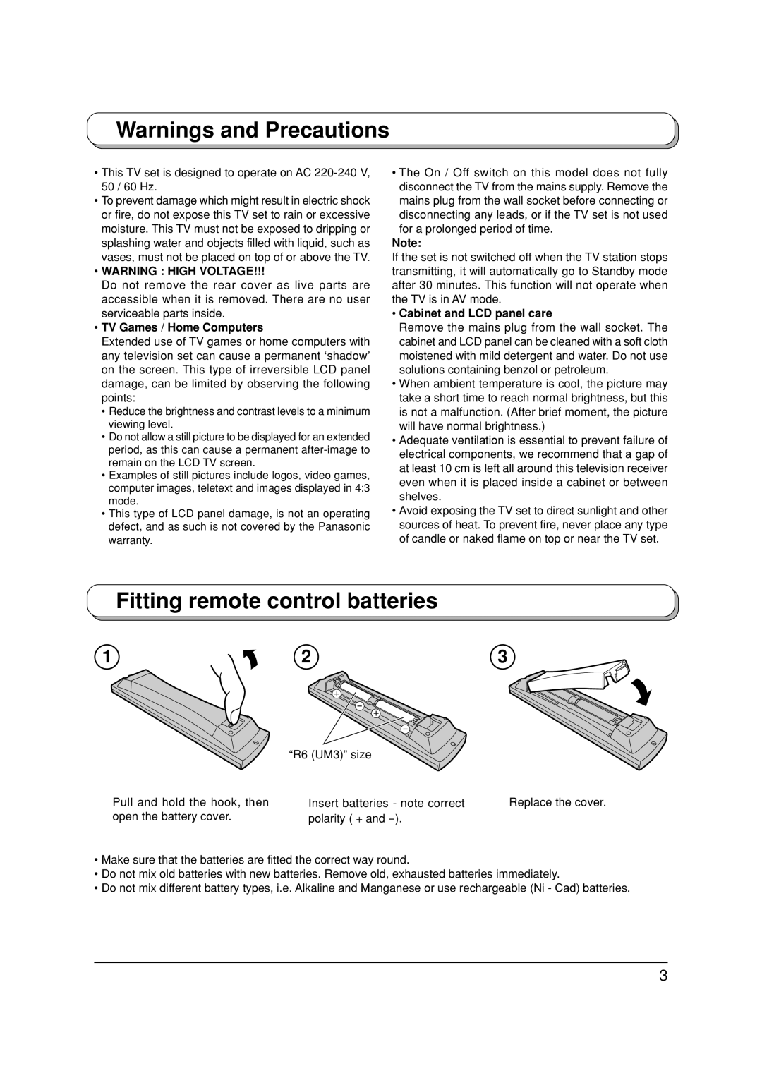 Panasonic TX-26LX1F, TX-32LX1P Fitting remote control batteries, TV Games / Home Computers, Cabinet and LCD panel care 