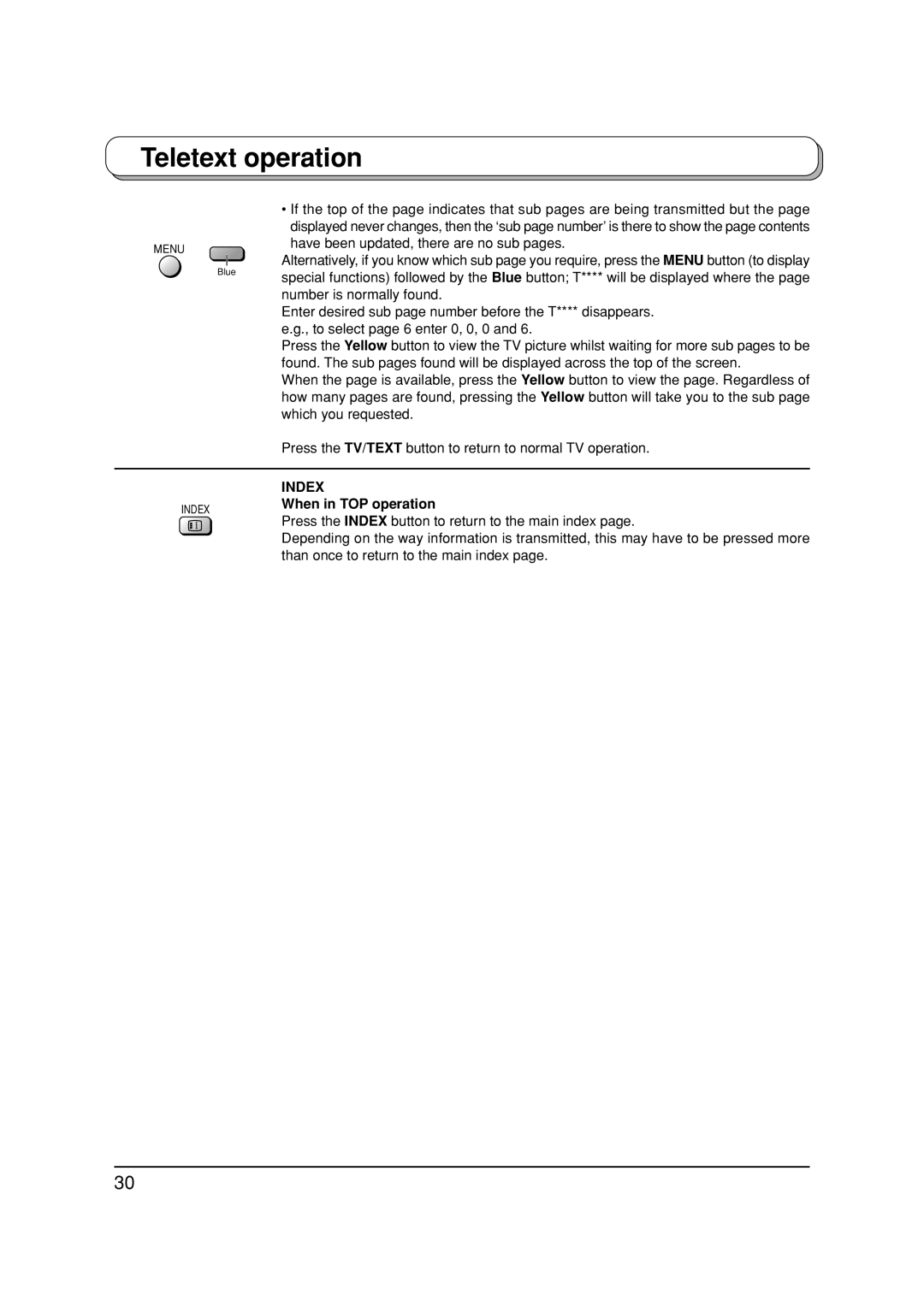 Panasonic TX-26LX1P, TX-32LX1P, TX-32LX1F, TX-26LX1F manual Index, When in TOP operation 