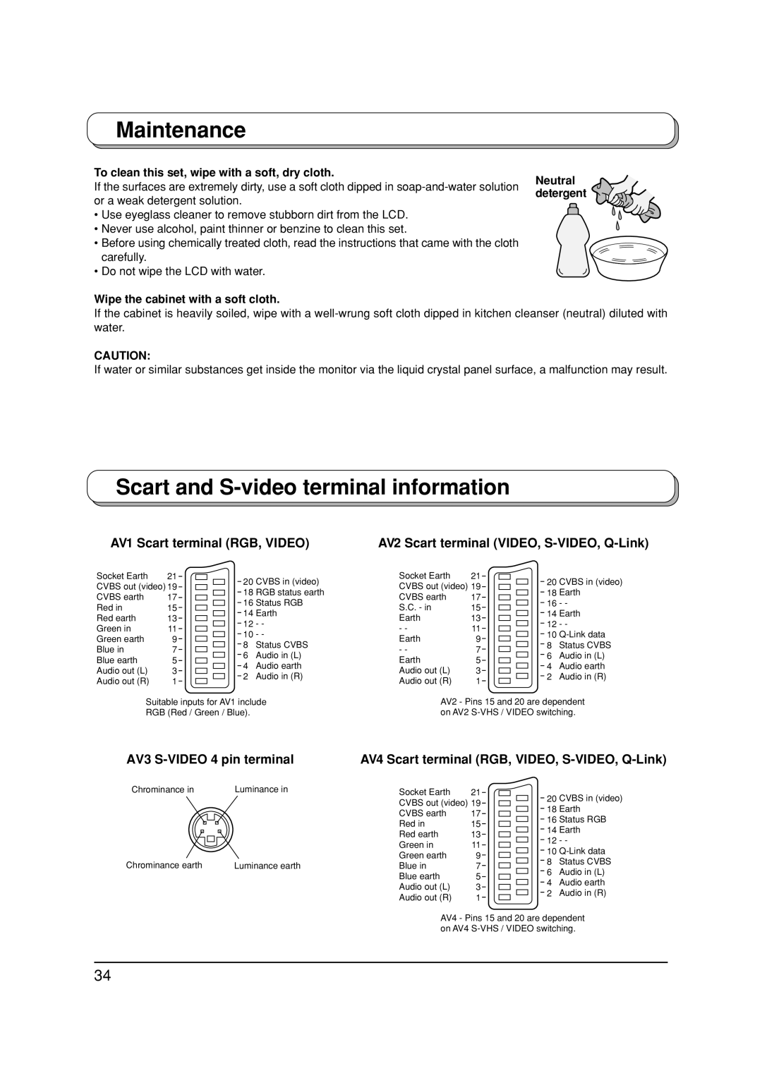 Panasonic TX-26LX1P Maintenance, Scart and S-video terminal information, To clean this set, wipe with a soft, dry cloth 