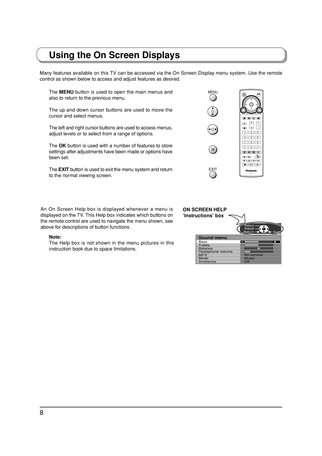 Panasonic TX-32LX1P, TX-32LX1F, TX-26LX1P, TX-26LX1F manual Using the On Screen Displays, On Screen Help ‘Instructions’ box 