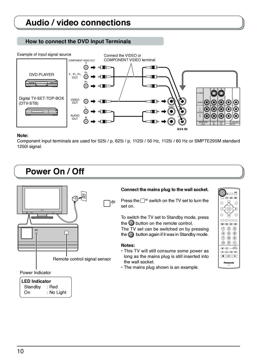 Panasonic TX-32LX1X, TX-32LX1M, TX-26LX1X Power On / Off, How to connect the DVD Input Terminals, LED Indicator, Dtv-Stb 