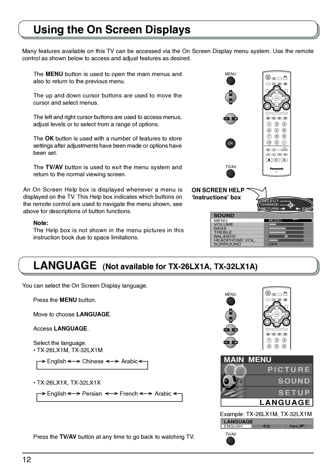 Panasonic TX-26LX1X, TX-32LX1X, TX-32LX1M, TX-26LX1M Using the On Screen Displays, On Screen Help ‘Instructions’ box 