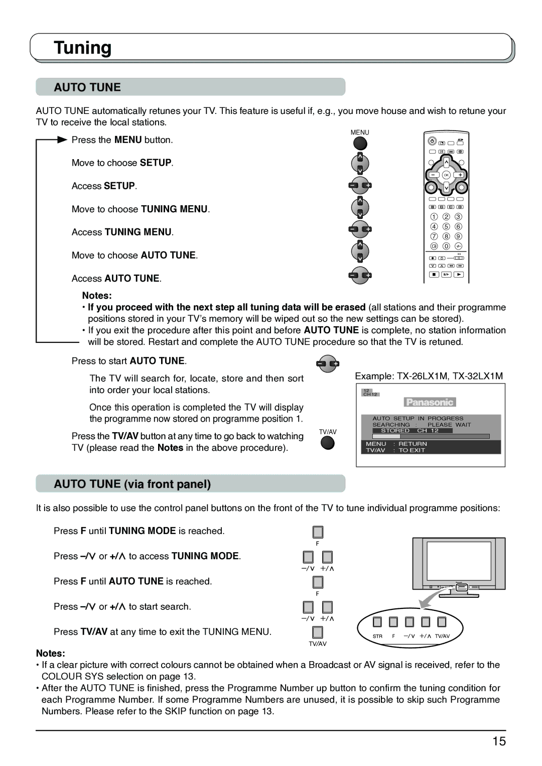 Panasonic TX-32LX1X, TX-32LX1M, TX-26LX1X, TX-26LX1M, TX-26LX1A operating instructions Auto Tune via front panel 