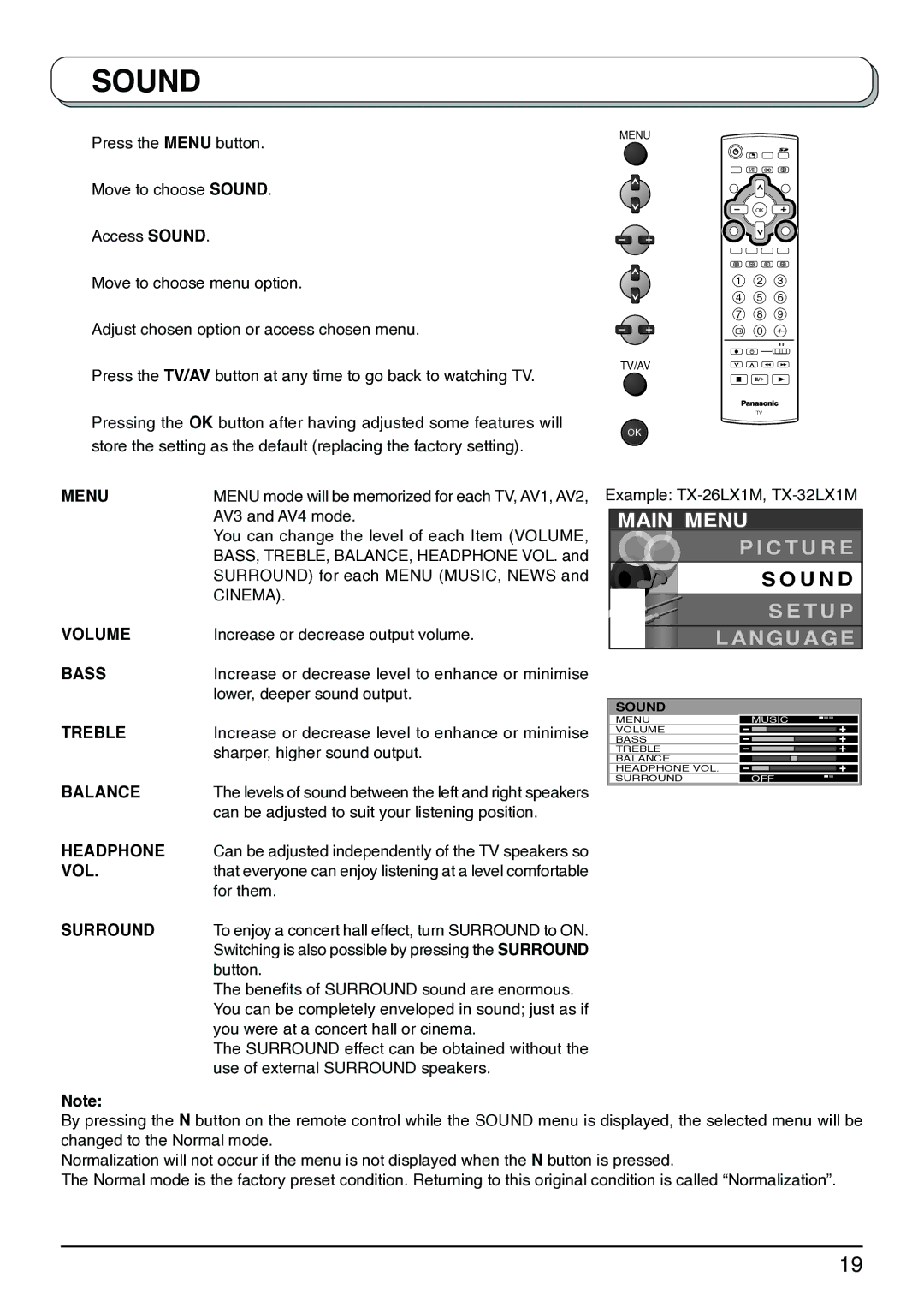 Panasonic TX-26LX1A, TX-32LX1X, TX-32LX1M, TX-26LX1X, TX-26LX1M Volume, Bass, Treble, Balance, Headphone, Surround 