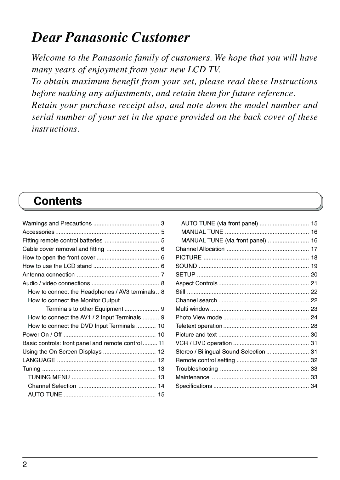 Panasonic TX-26LX1X, TX-32LX1X, TX-32LX1M, TX-26LX1M, TX-26LX1A operating instructions Dear Panasonic Customer, Contents 