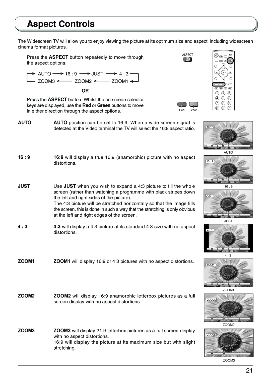 Panasonic TX-32LX1M, TX-32LX1X, TX-26LX1X, TX-26LX1M, TX-26LX1A operating instructions Aspect Controls 