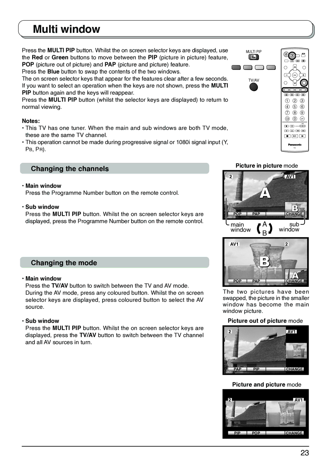 Panasonic TX-26LX1M, TX-32LX1X, TX-32LX1M, TX-26LX1X, TX-26LX1A Multi window, Changing the channels, Changing the mode 