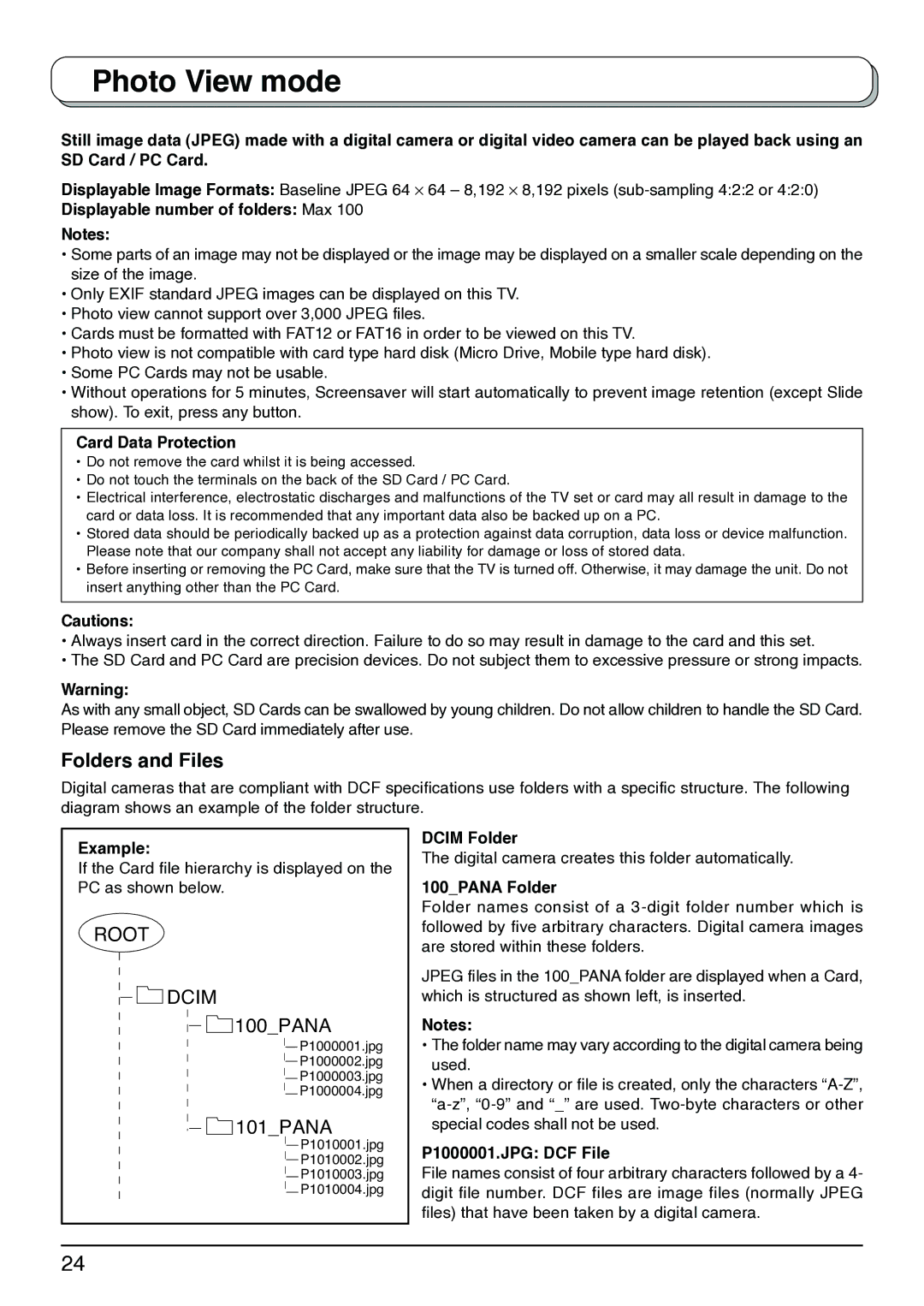 Panasonic TX-26LX1A, TX-32LX1X, TX-32LX1M, TX-26LX1X, TX-26LX1M operating instructions Photo View mode, Folders and Files 