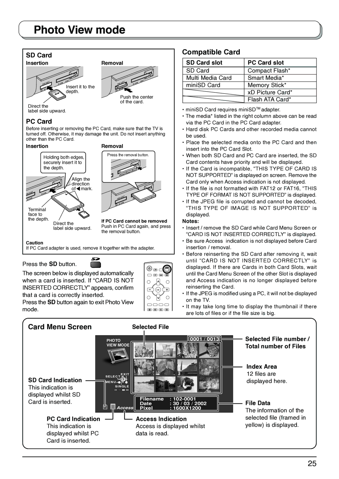 Panasonic TX-32LX1X, TX-32LX1M, TX-26LX1X Compatible Card, Card Menu Screen, SD Card slot PC Card slot, Selected File 