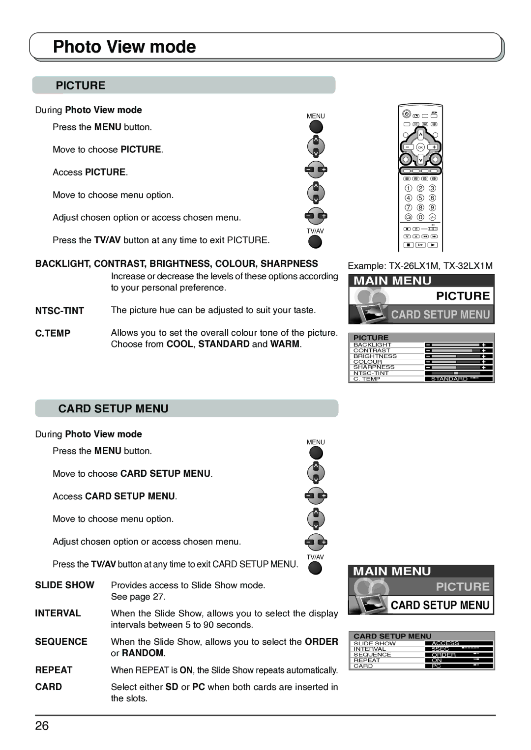 Panasonic TX-32LX1M, TX-32LX1X, TX-26LX1X, TX-26LX1M, TX-26LX1A NTSC-TINT Temp, Slide Show, Interval, Sequence, Repeat, Card 