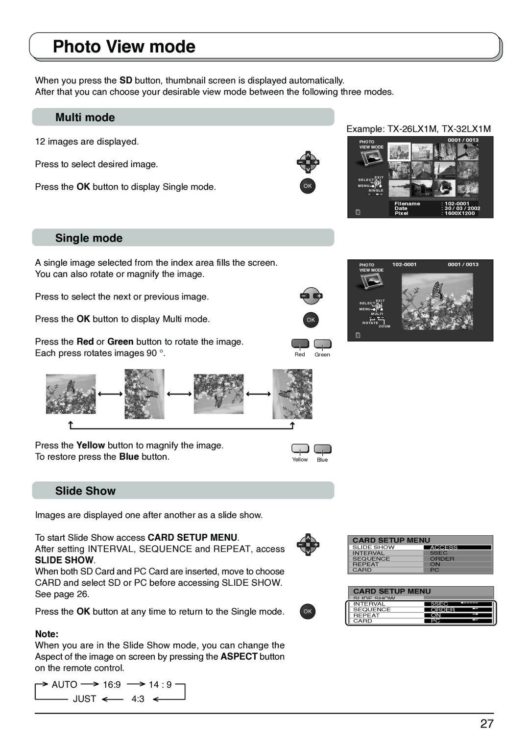 Panasonic TX-26LX1X, TX-32LX1X, TX-32LX1M, TX-26LX1M, TX-26LX1A operating instructions Multi mode, Single mode, Slide Show 