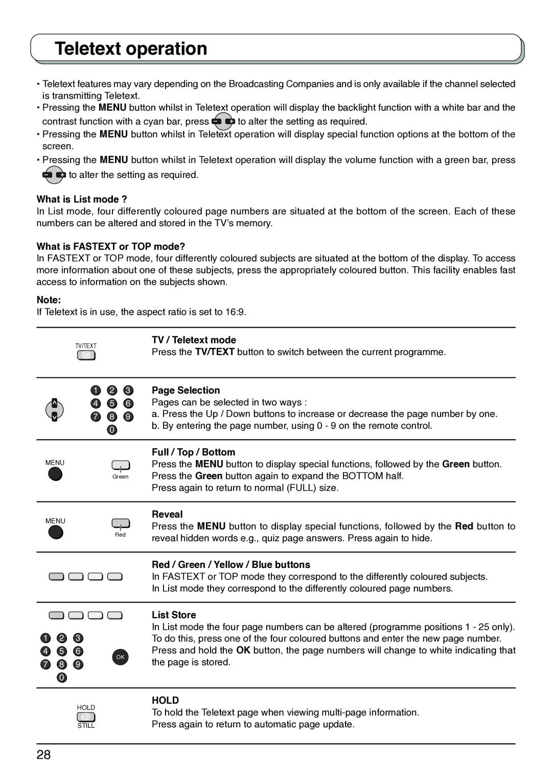 Panasonic TX-26LX1M, TX-32LX1X, TX-32LX1M, TX-26LX1X, TX-26LX1A operating instructions Teletext operation, Hold 