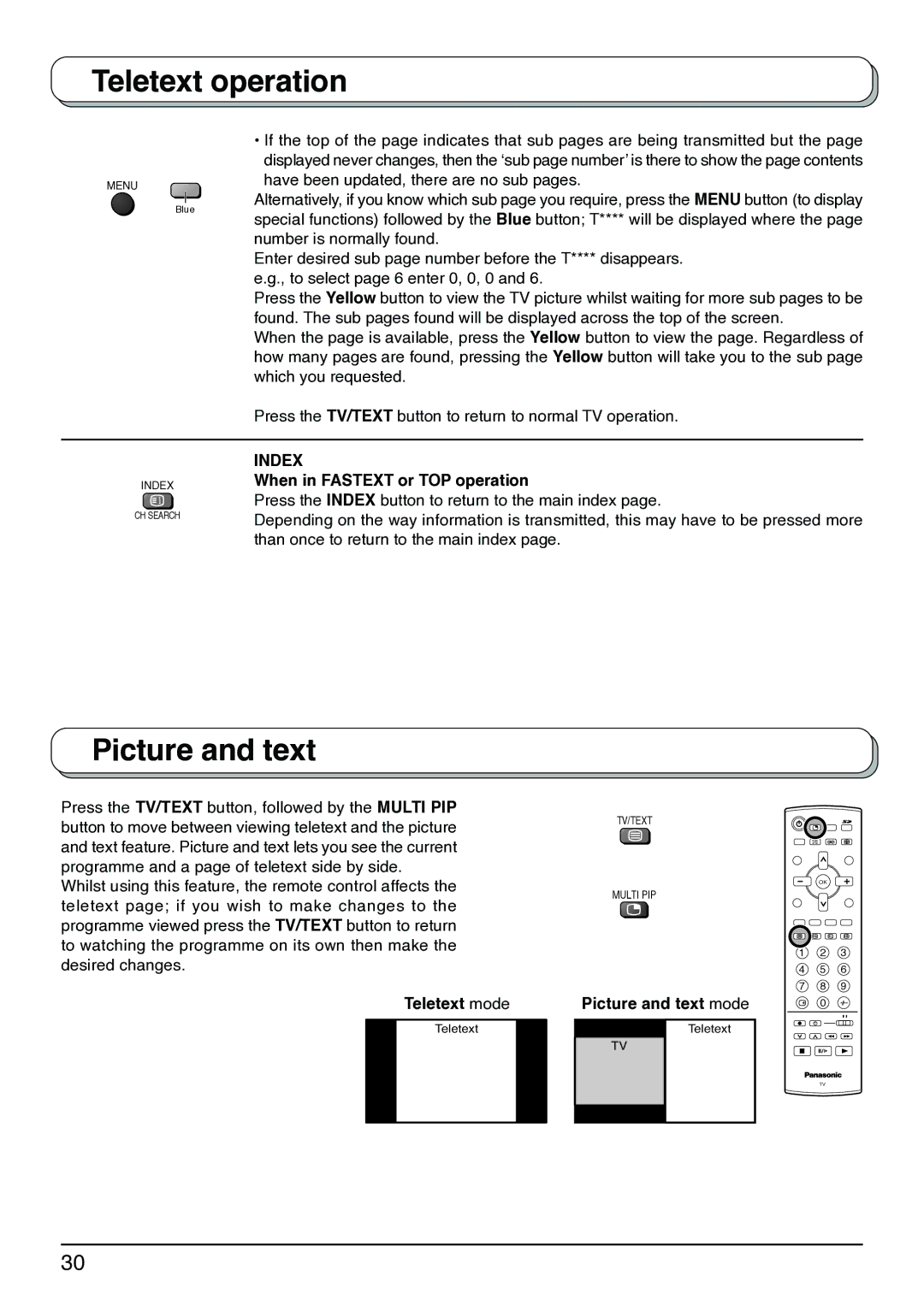 Panasonic TX-32LX1X, TX-32LX1M, TX-26LX1X Index, When in Fastext or TOP operation, Teletext mode, Picture and text mode 