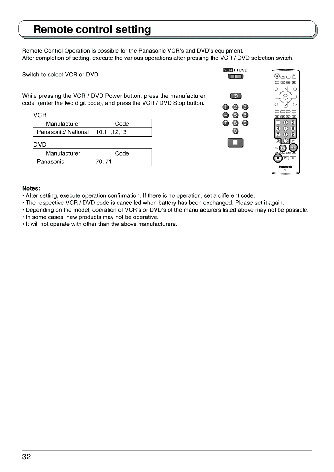 Panasonic TX-26LX1X, TX-32LX1X, TX-32LX1M, TX-26LX1M, TX-26LX1A operating instructions Remote control setting, Dvd 