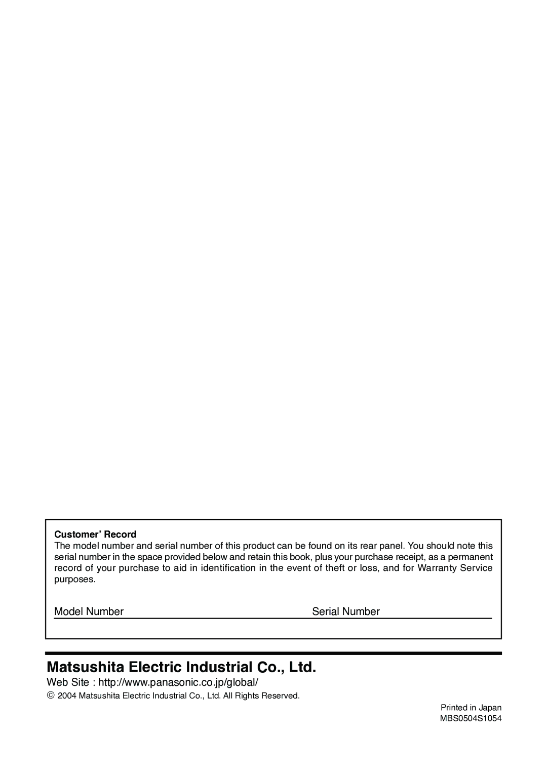 Panasonic TX-32LX1M, TX-32LX1X, TX-26LX1X, TX-26LX1M, TX-26LX1A operating instructions Customer’ Record 