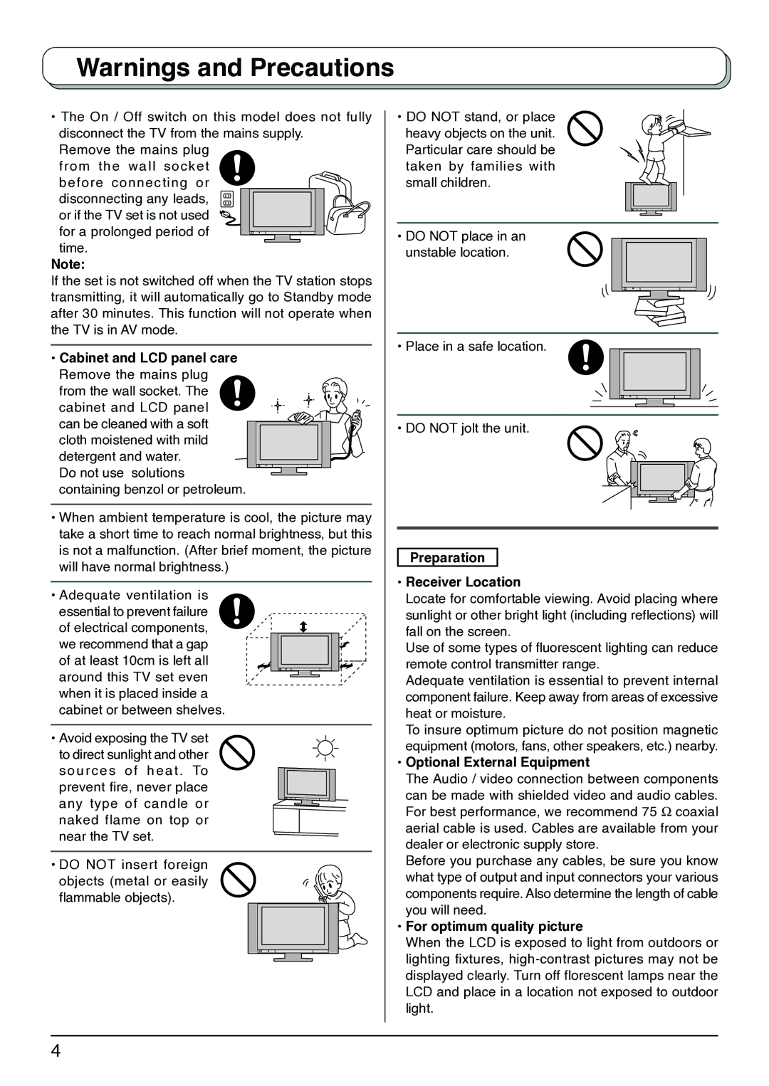 Panasonic TX-26LX1A, TX-32LX1X Cabinet and LCD panel care, Preparation Receiver Location, Optional External Equipment 