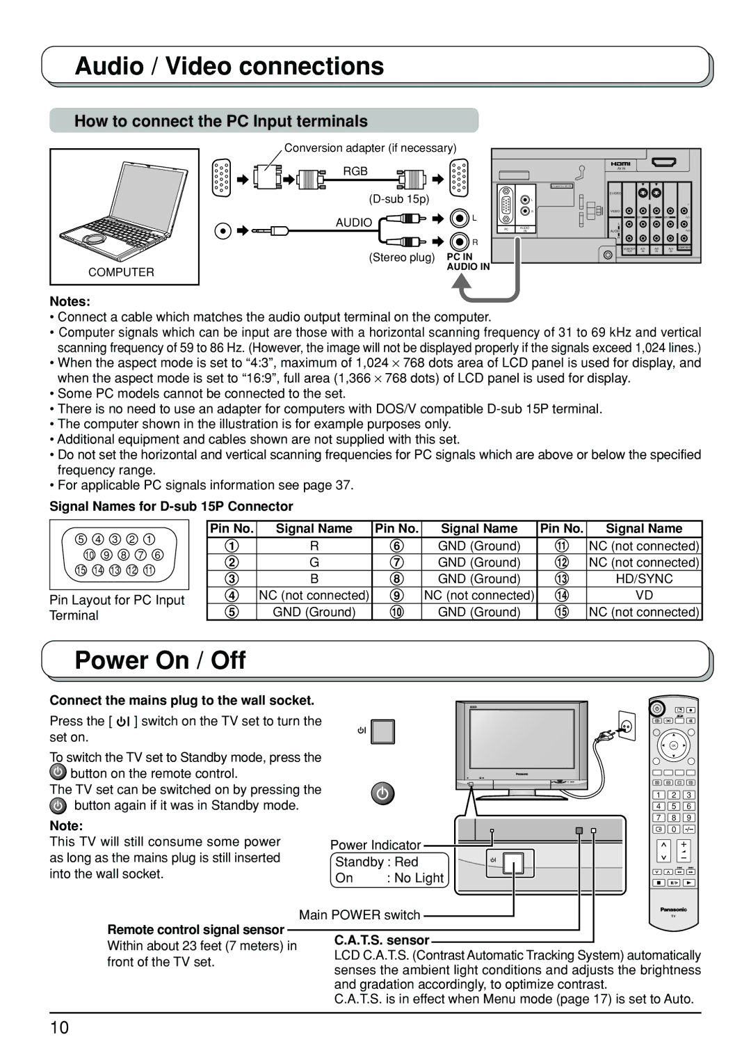 Panasonic TX-32LX500A, TX-26LX500A manual Power On / Off, How to connect the PC Input terminals 