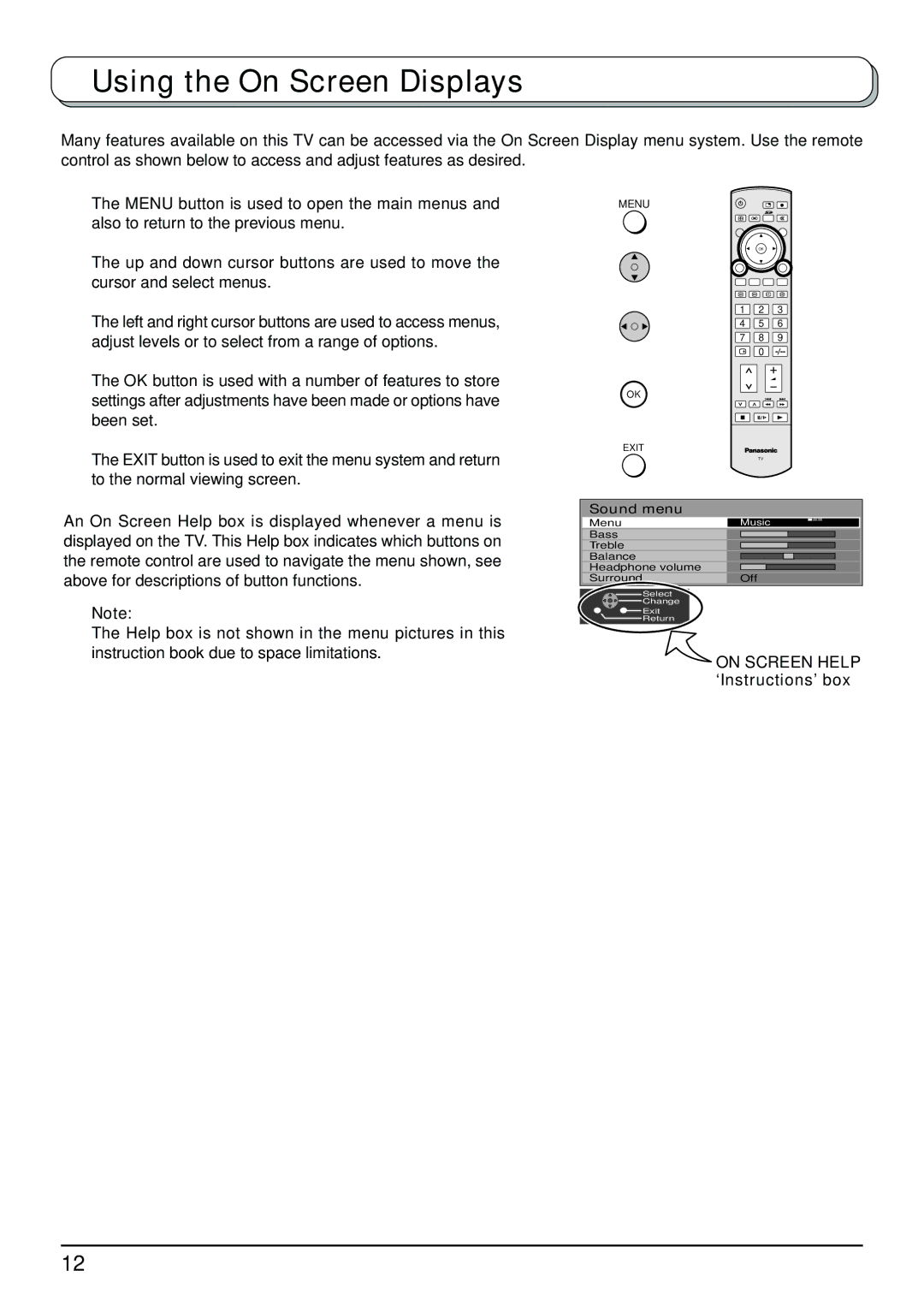 Panasonic TX-32LX500A, TX-26LX500A manual Using the On Screen Displays, On Screen Help ‘Instructions’ box 