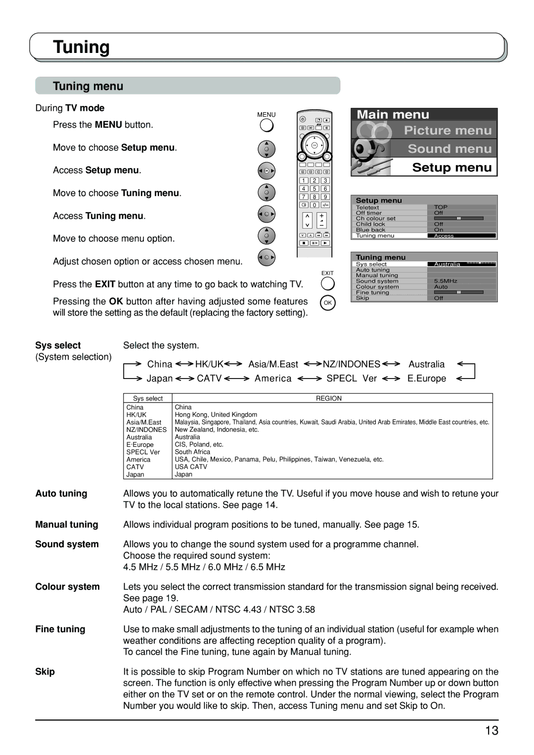 Panasonic TX-26LX500A, TX-32LX500A manual Tuning menu 