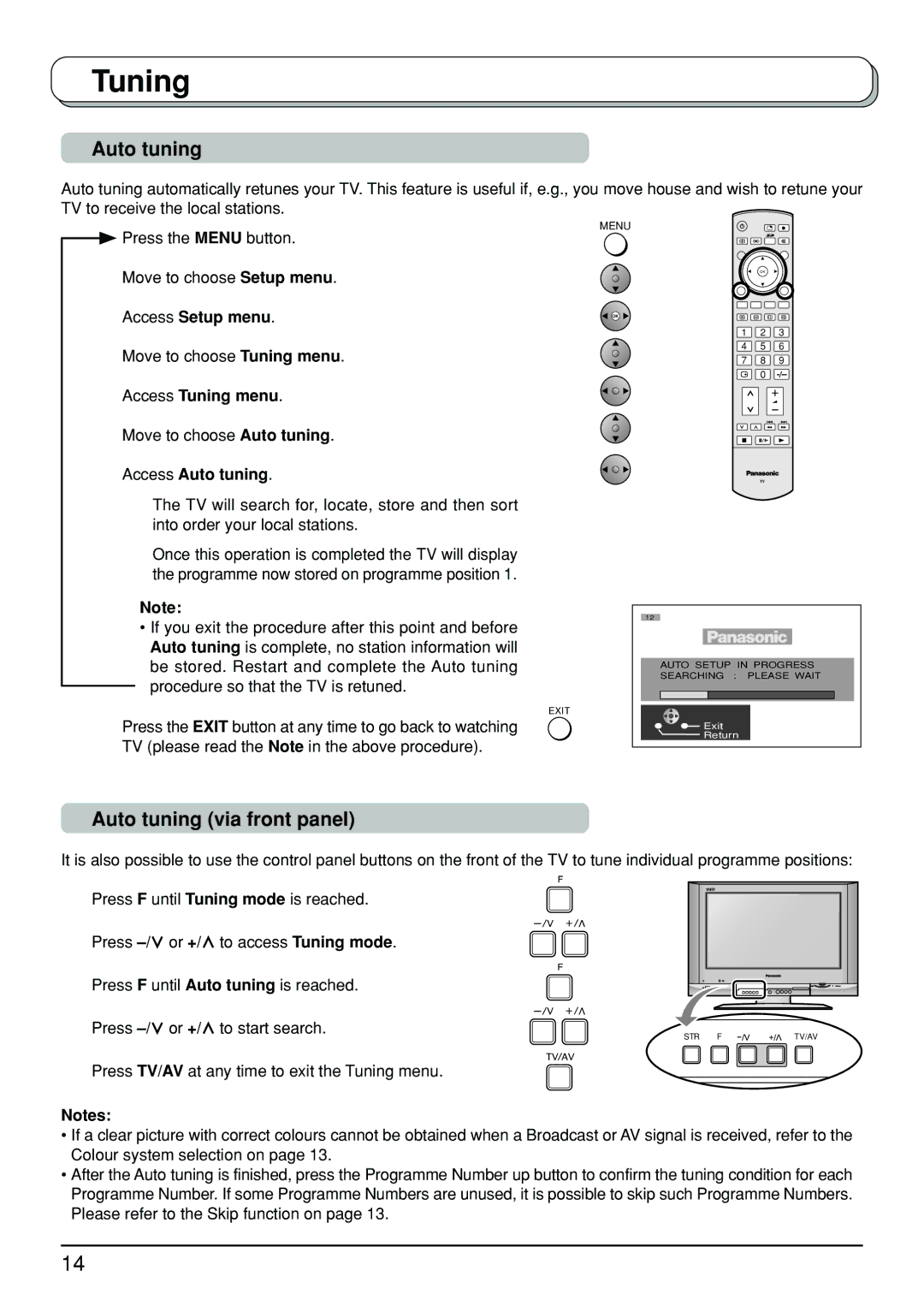 Panasonic TX-32LX500A, TX-26LX500A manual Auto tuning via front panel, Move to choose Auto tuning, Access Auto tuning 