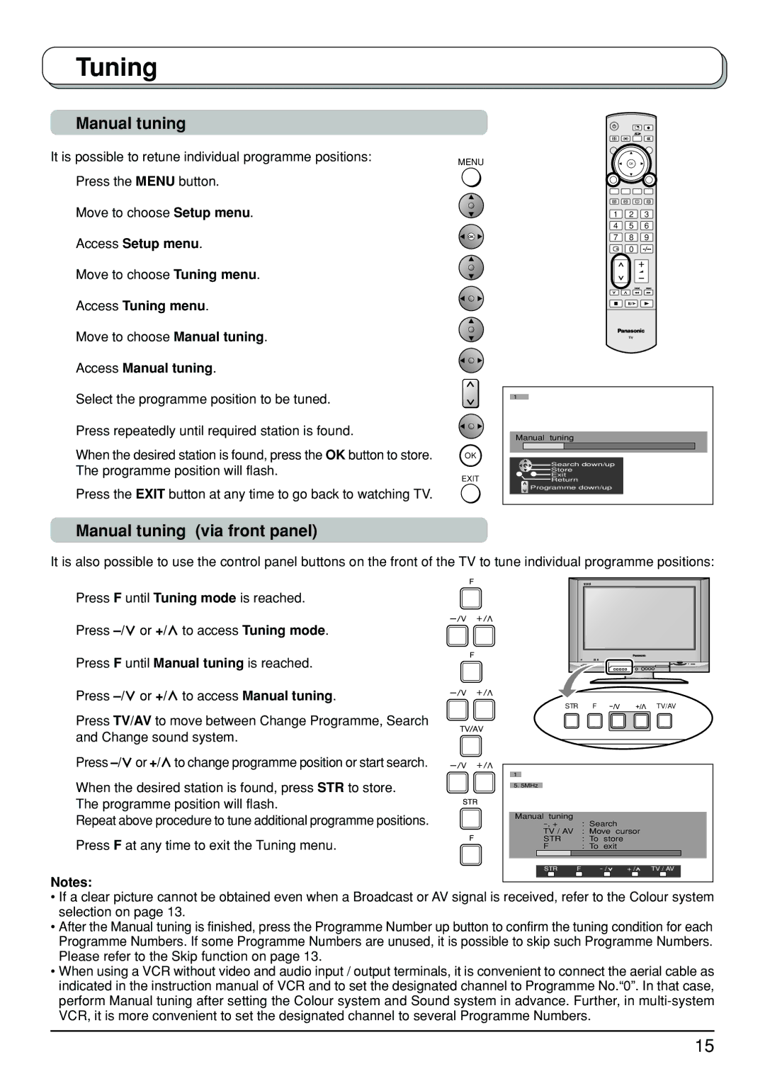 Panasonic TX-26LX500A, TX-32LX500A Manual tuning via front panel, Move to choose Manual tuning, Access Manual tuning 