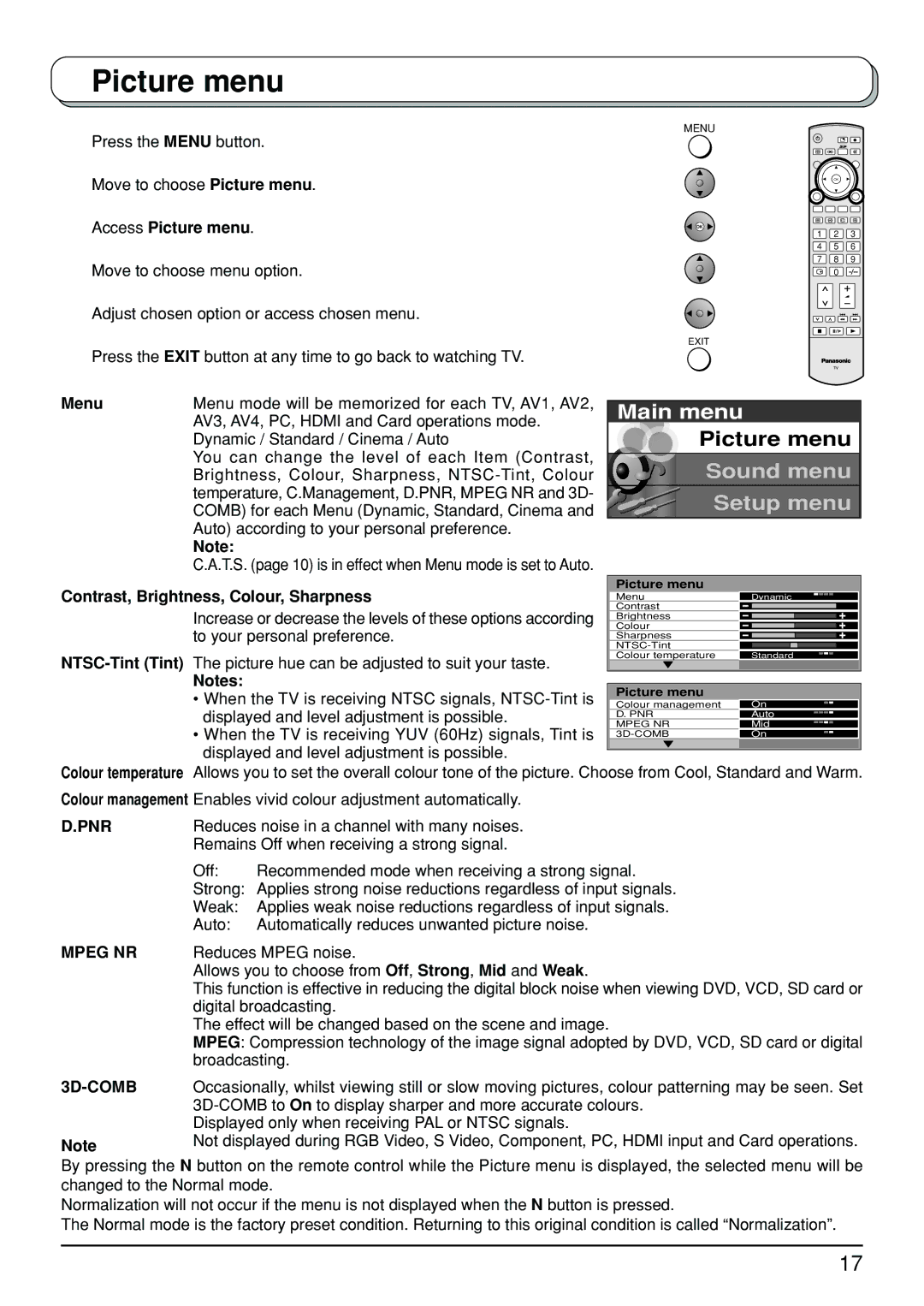 Panasonic TX-26LX500A, TX-32LX500A manual Access Picture menu, Menu, Contrast, Brightness, Colour, Sharpness 