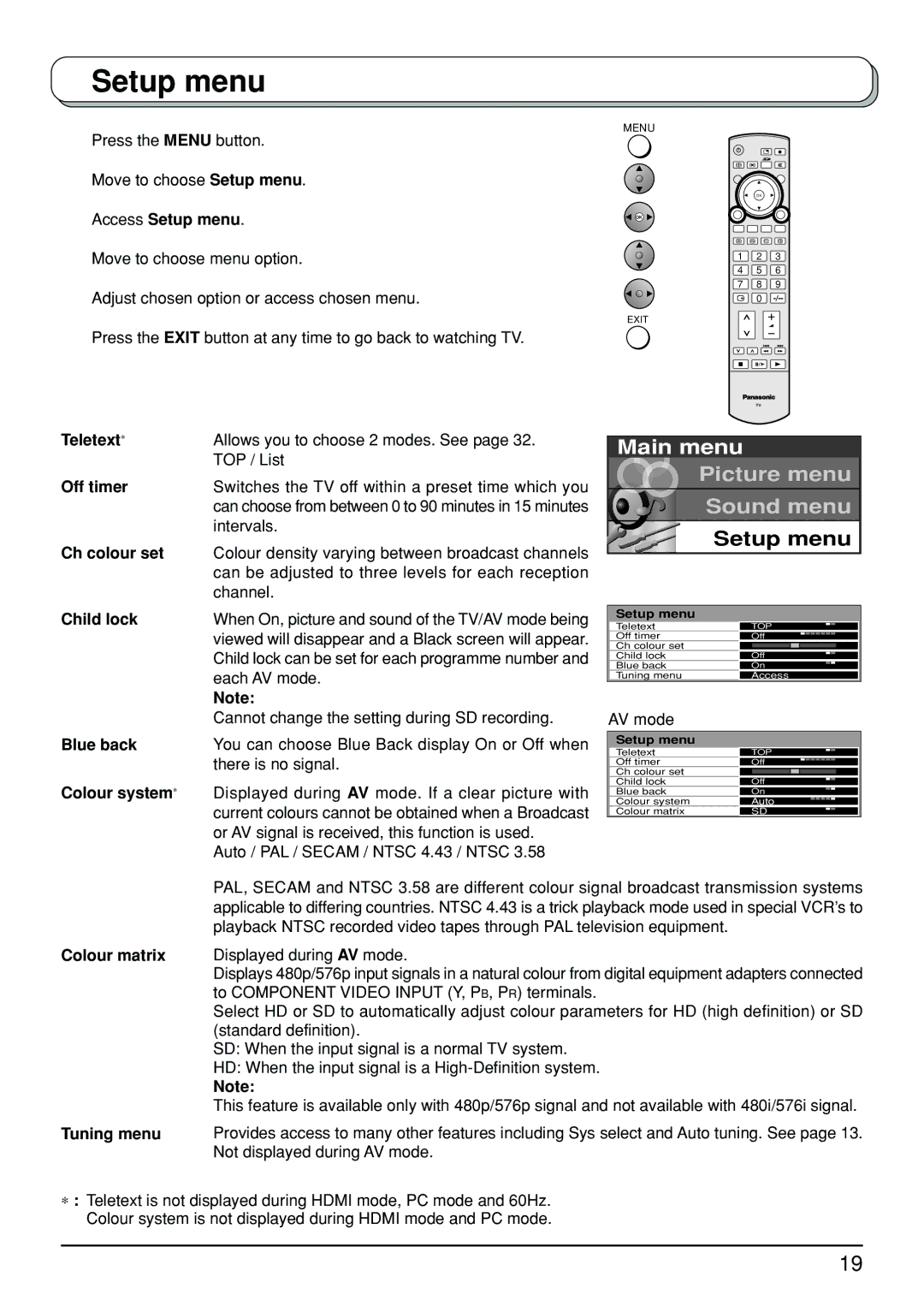 Panasonic TX-26LX500A, TX-32LX500A manual Setup menu 