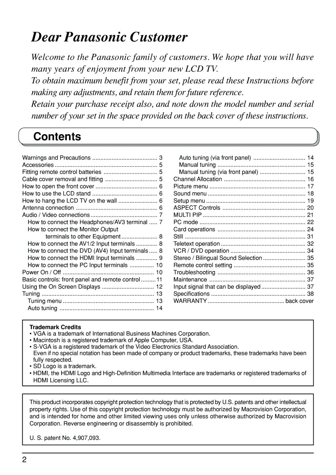 Panasonic TX-32LX500A, TX-26LX500A manual Dear Panasonic Customer, Contents 