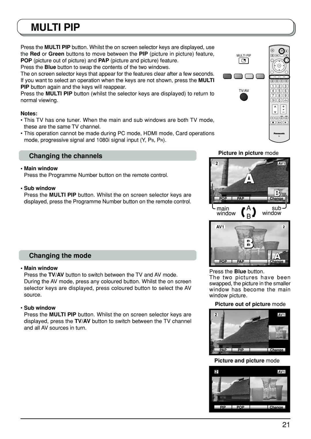 Panasonic TX-26LX500A, TX-32LX500A manual Changing the channels, Changing the mode 