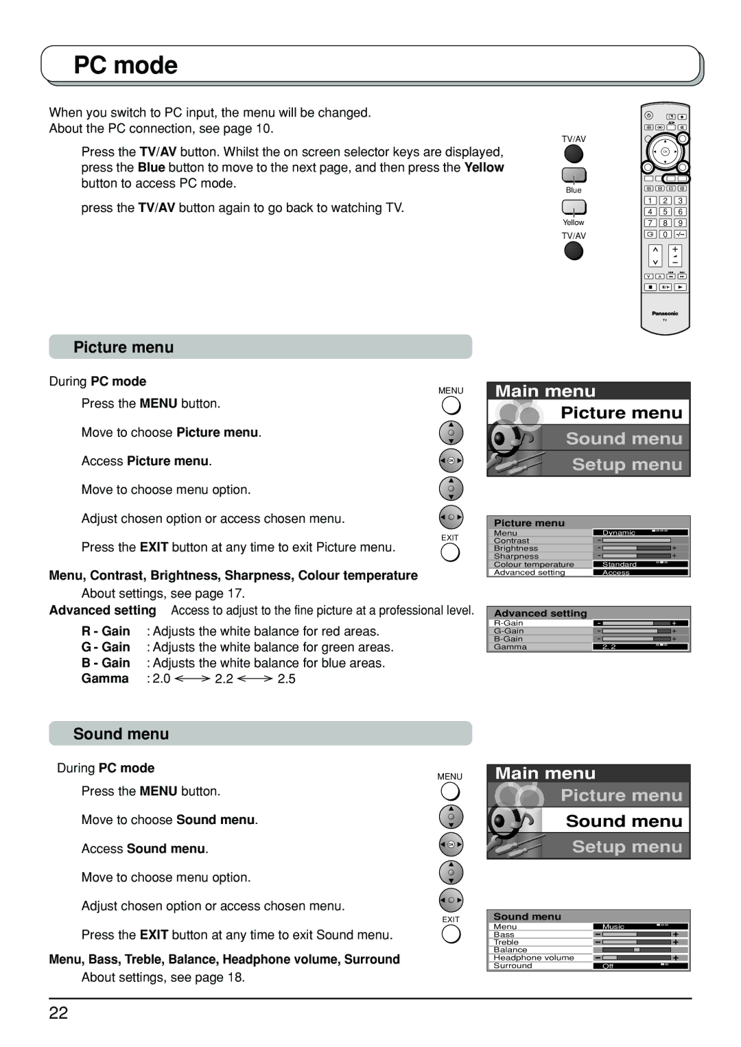 Panasonic TX-32LX500A, TX-26LX500A manual PC mode, Sound menu, Menu, Contrast, Brightness, Sharpness, Colour temperature 